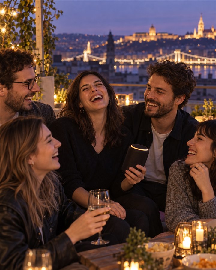 Baráti társaság együtt hallgat egy személyes dalt